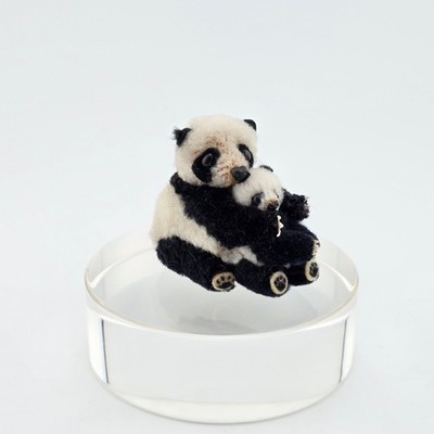 Miniature Dollhouse Wool Panda Mama & Baby Teddy Bear Pair Unique Nursery Decor