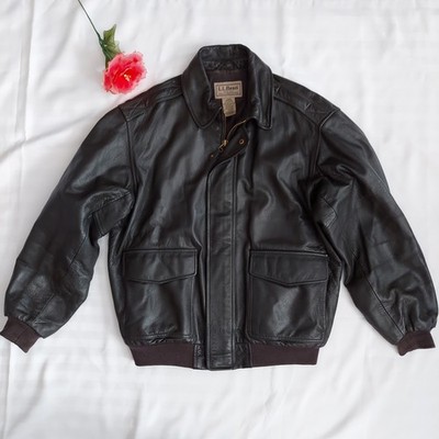 VTG LL Bean Goatskin Bomber Jacket Leather Brown Mens Large Thinsulate Full Zip
