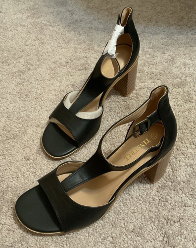 TINSTREE Womens T Strap Open Toe Sandal Chunky Heels, Black, Size 11
