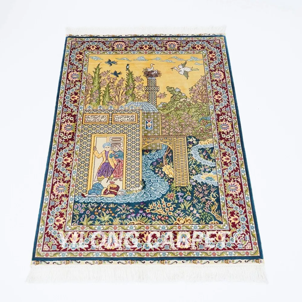 2.7 x4 Handmade Silk Carpet Pictorial Tapestry Wall Hanging Oriental Rug Z383A