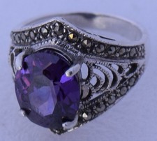 Amethyst  Cluster Marcasite Regal Large Designer Sterling Fine Ring Size 5.75