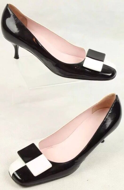 NEW CELINE 38.5 8.5 Shoes Italy Black White Leather Kitten Heel Pumps Square Toe