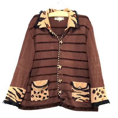 Jack B. Quick Women's Knit Cardigan Sweater Plus Size 1X Brown Leopard Print
