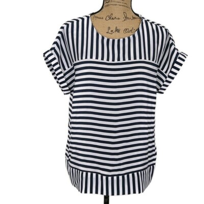 Christopher & Banks Womens sz M Top Blue White Striped Short Roll Cuff Sleeve