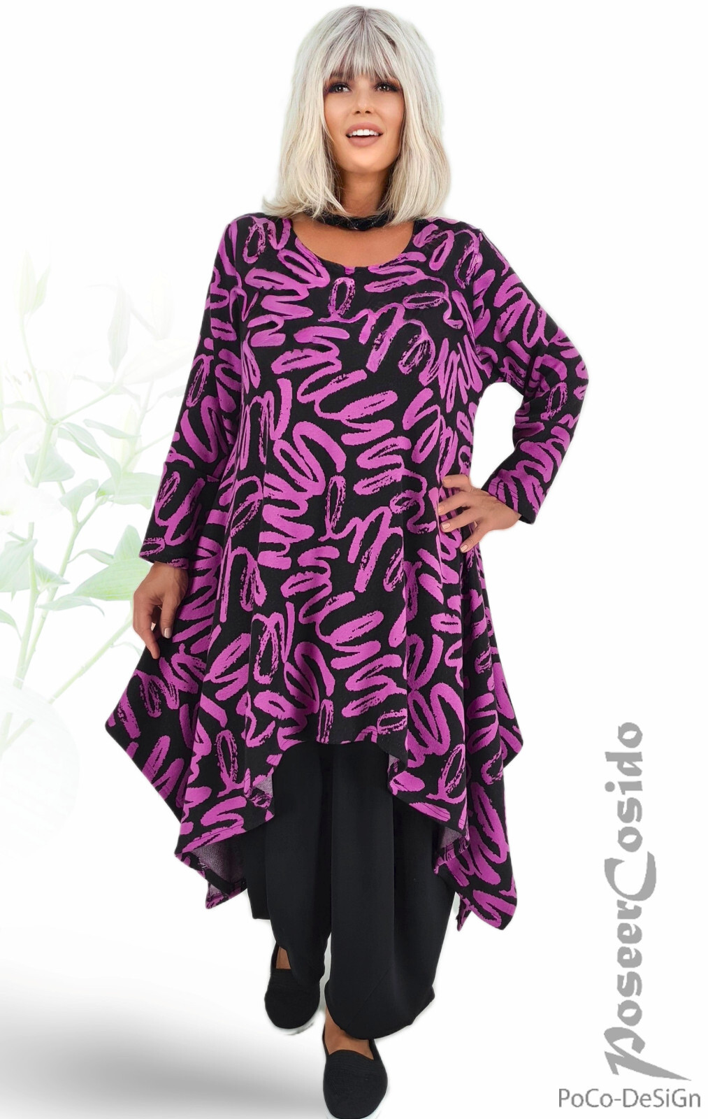 LAGENLOOK Pullover-Strick-Kleid schwarz cyclam 44 46 48 50 52 54 56 58 XL XXL