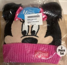 Disney Minnie Mouse Ears Bow Pink Winter Beanie Ski Hat Cap Mittens Set Age 4-7