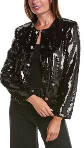 Theory Pocket Crop Jacket Black Fluid Sequins Blazer Sz 4 $425 - 第 2/19 張圖片