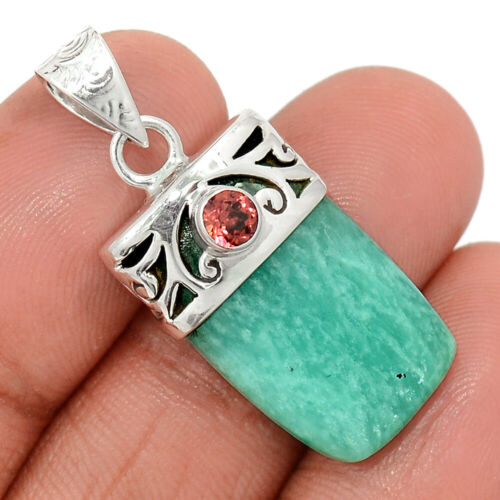 Natural Amazonite & Garnet 925 Sterling Silver Pendant AW5 CP39162