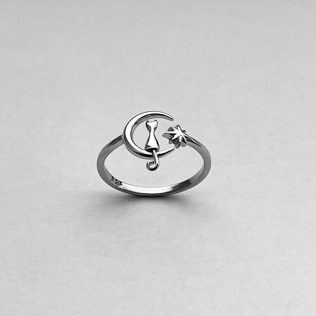 Sterling Silver Dainty Cat on Moon and Twinkle Star Ring, Pet