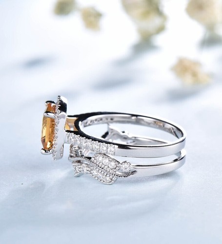 Cushion Cut Natural Citrine Vintage 925 Solid Silver Eternity Wedding Ring Set - Picture 5 of 6
