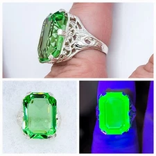 Sterling Uranium Glass Ring Large Emerald Cut Filigree 925 Silver