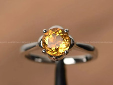 Round Cut Citrine Flower Shaped Women's Engagement Ring s925 14kWhite Gold Plate