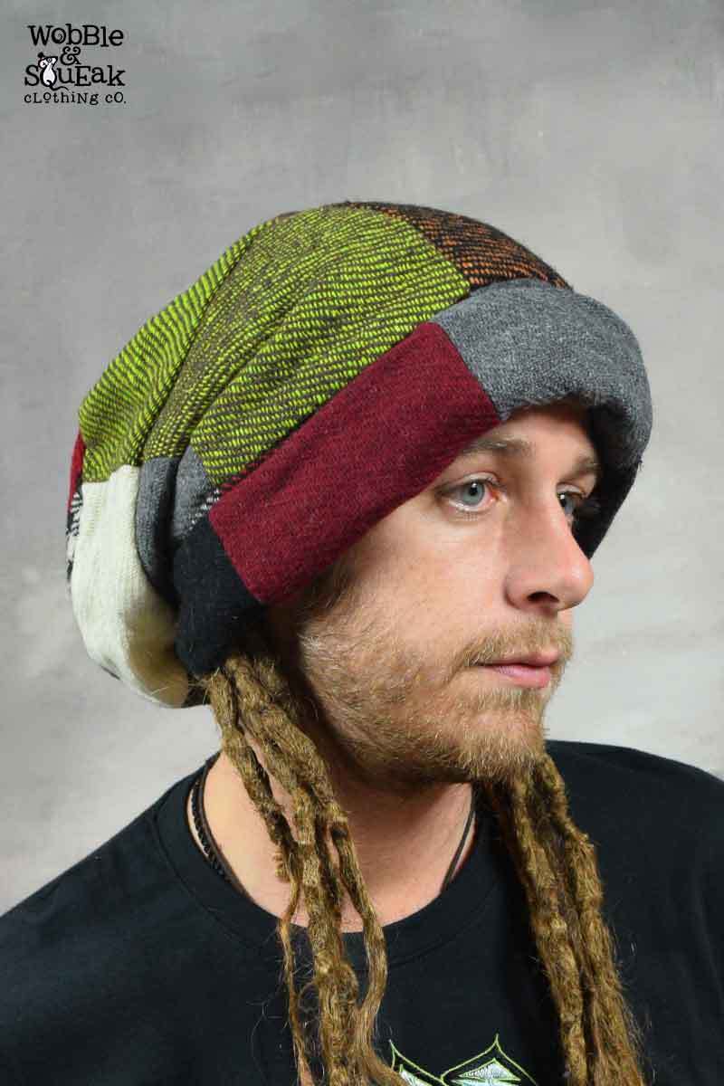 DREADLOCK BEANIE HAT Rasta Extra Large Patchwork Wool Hippy Psytrance  Festival