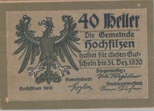 40 HELLER 1920 City of HOCHFILZEN Tyrol AUSTRIA Notgeld Banknote #PD596.U