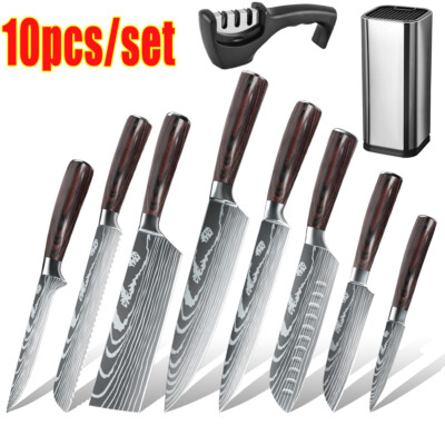 10Stück Japanisch Küchenmesser Damaskus Stahl Kochmesser Kitchen Chef Hackmesser