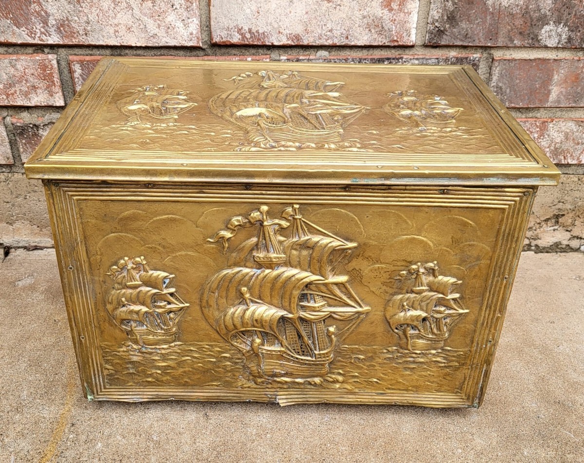 BRASS COVERED LOG COAL BOX EMBOSSED WITH SAILING SHIPS APPROX 16
