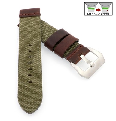 Easy-Klick Canvas-Leder-Textil Uhrenarmband Modell Federal grün 22 mm, Handmade