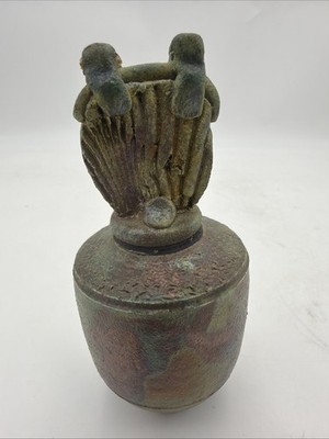 Handmade Studio Raku Pottery Lidded Jar Iridescent Art Vessel Signed