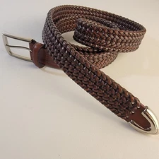 Perry Ellis Portfolio Brown Woven/Braided Leather Belt Mens 38 Silvertone Buckle