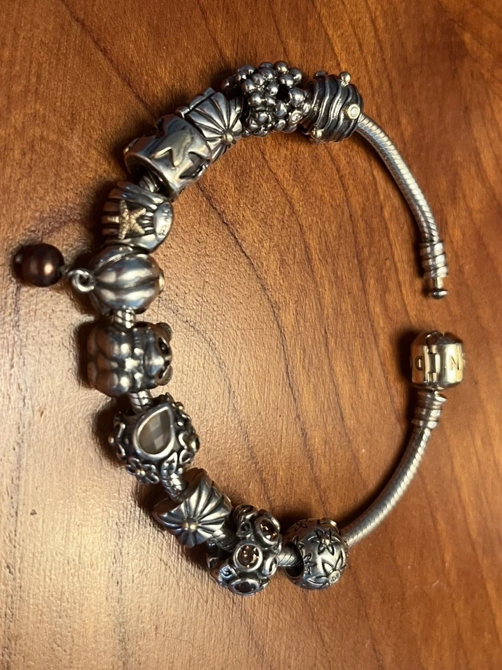 Pandora 退役手链套装 9 珠 2 片 14k 金和 925 银钻石宝石 — 第 4/4 张图片