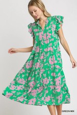 Umgee Green/Pink Floral Print Midi Dress Split Ruffle Neckline & Flutter Sleeves