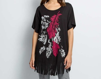Shirt schwarz 34 36 Damen Oversized Shirt mit Federdruck und Fransen 9.8425