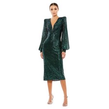 Mac Duggal 26866 Emerald Green Sequin Long Sleeve Plunge Midi Dress Size 6 398