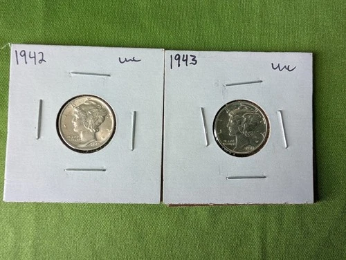 Mercury Dimes, UNC 1942-P and 1943-P, 90% Silver Dimes