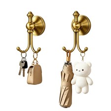 2Pack Antique Brass Hooks, Wall Mounted Robe Hook Brushed Towel Double Hook