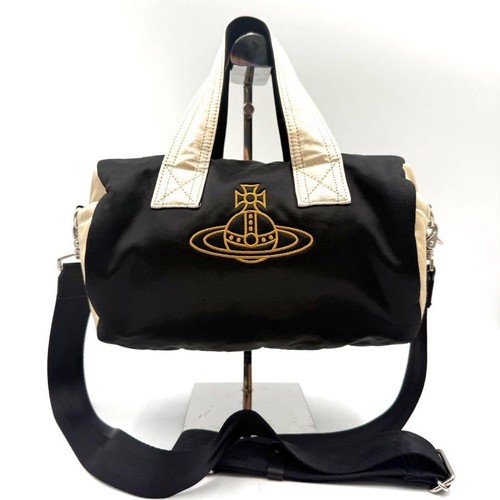 VIVIENNE WESTWOOD Orb Canvas Leather 2 Way Boston Bag Black Off-White From Japan