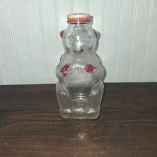 Vintage 1950s BEAR Shaped COIN BANK Snow Crest Beverages GLASS Bottle Metal Lid