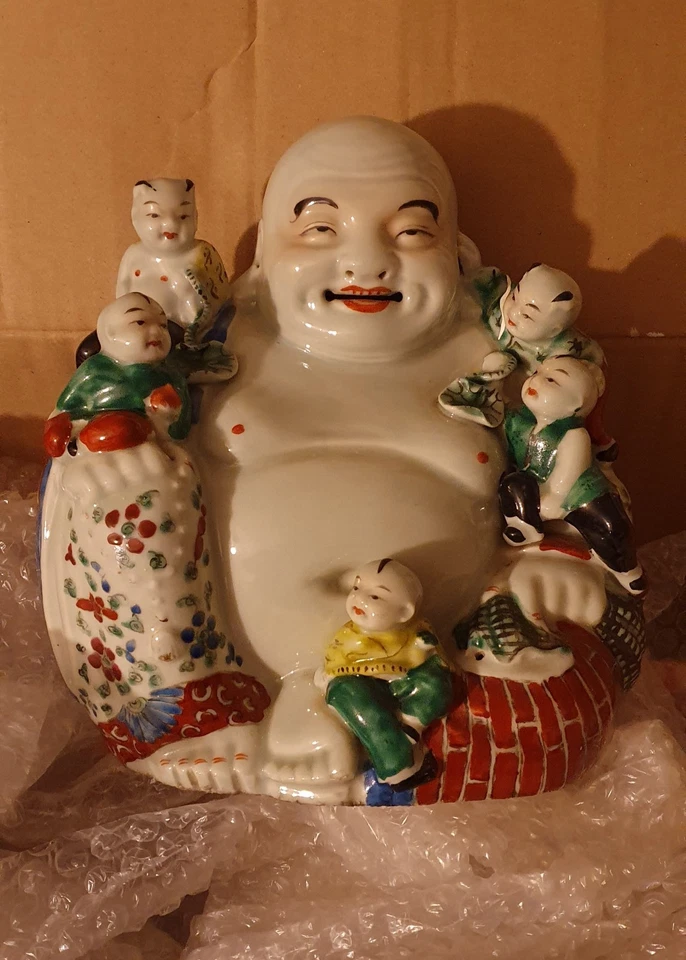 Rare ANTIIQUE Chinese Ceramic Happy Buddha with Children Statue Figurine - Image 4 of 4