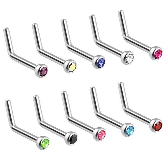1pc LBend 20g Nose Ring Stud Screw PressFit CZ Gem 316L Surgical