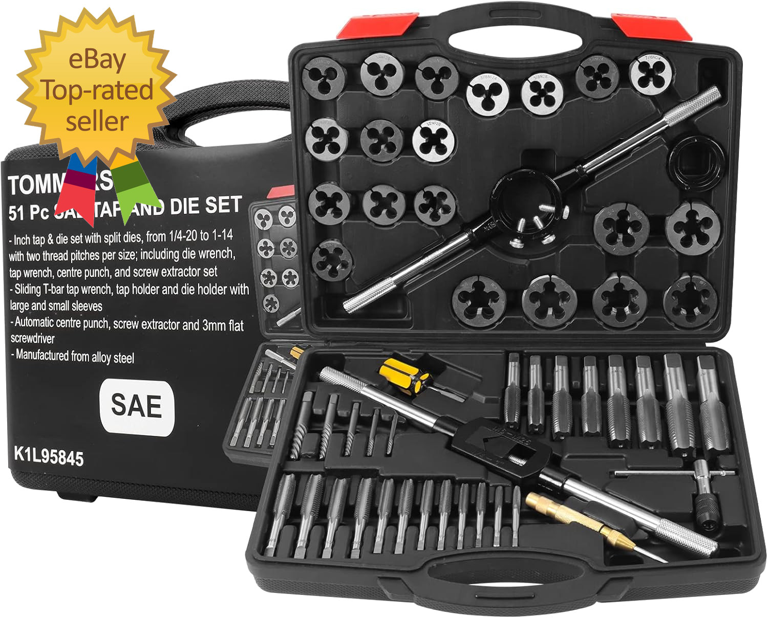 51-Pc 1/4-20 to 1-14 Jumbo Tap and Die Set SAE round Threading Dies for Threadin