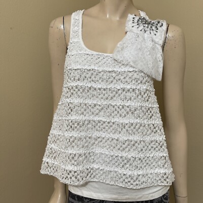 Women s White Polyester Casual Open Stretch Layered Lace Network Size M Blouse