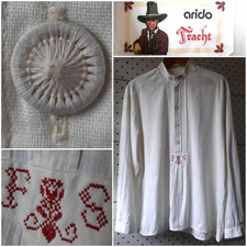 Vintage 70s ARIDO Tracht Men Whire White Embroidered Cotton Shirt Long Sleeve XL