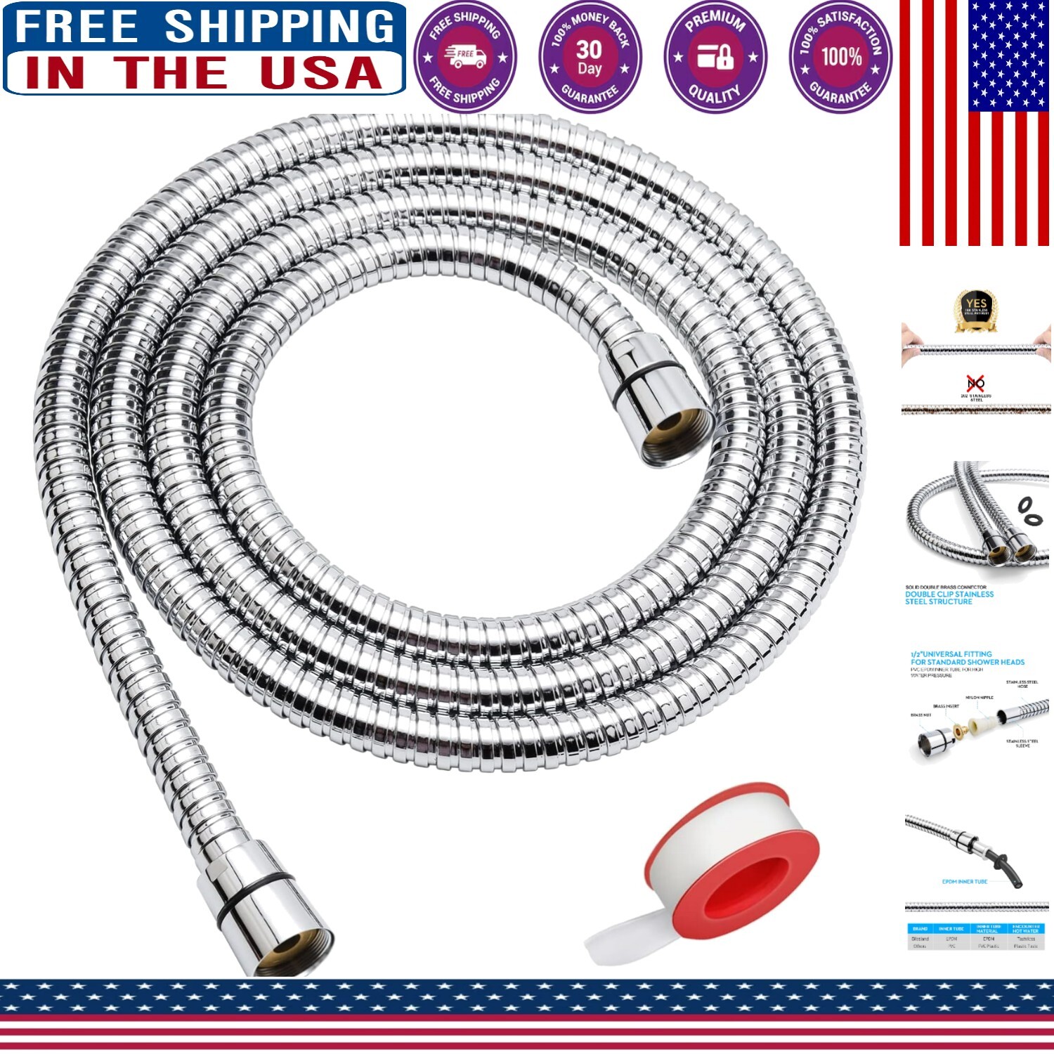69-Inch High-Pressure Shower Hose with Solid Brass Chrome Fittings