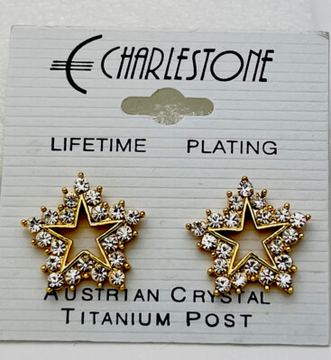 Vintage New Charlestone Gold Tone 40 Crystal Titanium Post Star Earrings