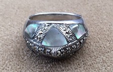 Rare Design Signed Thai 925 Sterling Silver Marcasite Abalone Size 9.5 Ring
