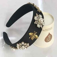 LUXURY HANDMADE BLACK SATIN HEADBAND WITH RHINESTONES, WHITE PEARLS  BEES