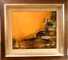 ERLING ANDERSEN! ABSTRACT COMPOSITION WITH FISH. MIXED MEDIA