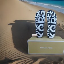 Michael Kors NIB MK Flip Flop PVC/Metallic-Letter Footbed Blk/Silver Choose Size