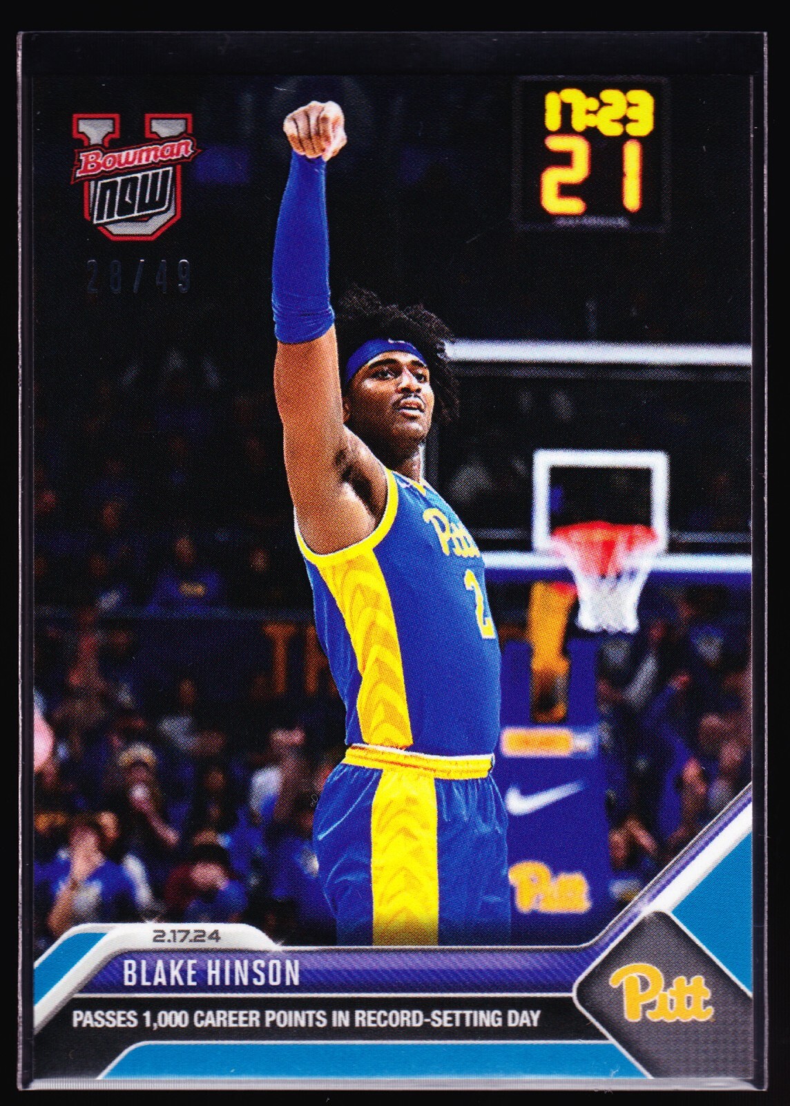 Blake Hinson Pitt 1000th Point v Louisville 2023 2024 Bowman U Now 51 Blue 28/49