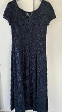 Alex Evenings Gown Womens 10P Navy Blue Rosette A Line Short Sleeve Formal Long
