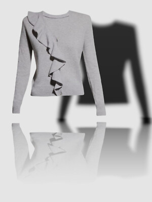 $433 Neiman Marcus Women's Gray Ruffle Placket Cashmere Cardigan Sweater Size L