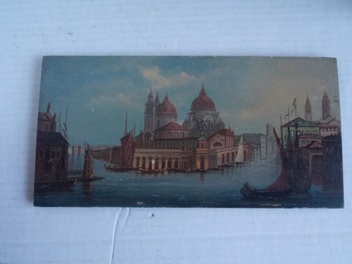Antico dipinto olio su tavola di legno Paesaggio Venezia firmato C Granzi #2 12,5" - Foto 3 di 5