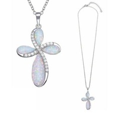 Sterling Silver Necklace w/ Opal  CZ Stones Cross Pendant