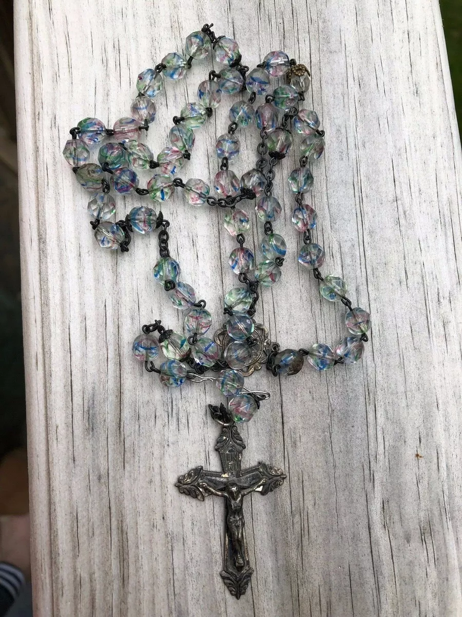 Old Vtg INRI Sterling Silver Rosary Necklace Jewelry Crucifix Religion Cross