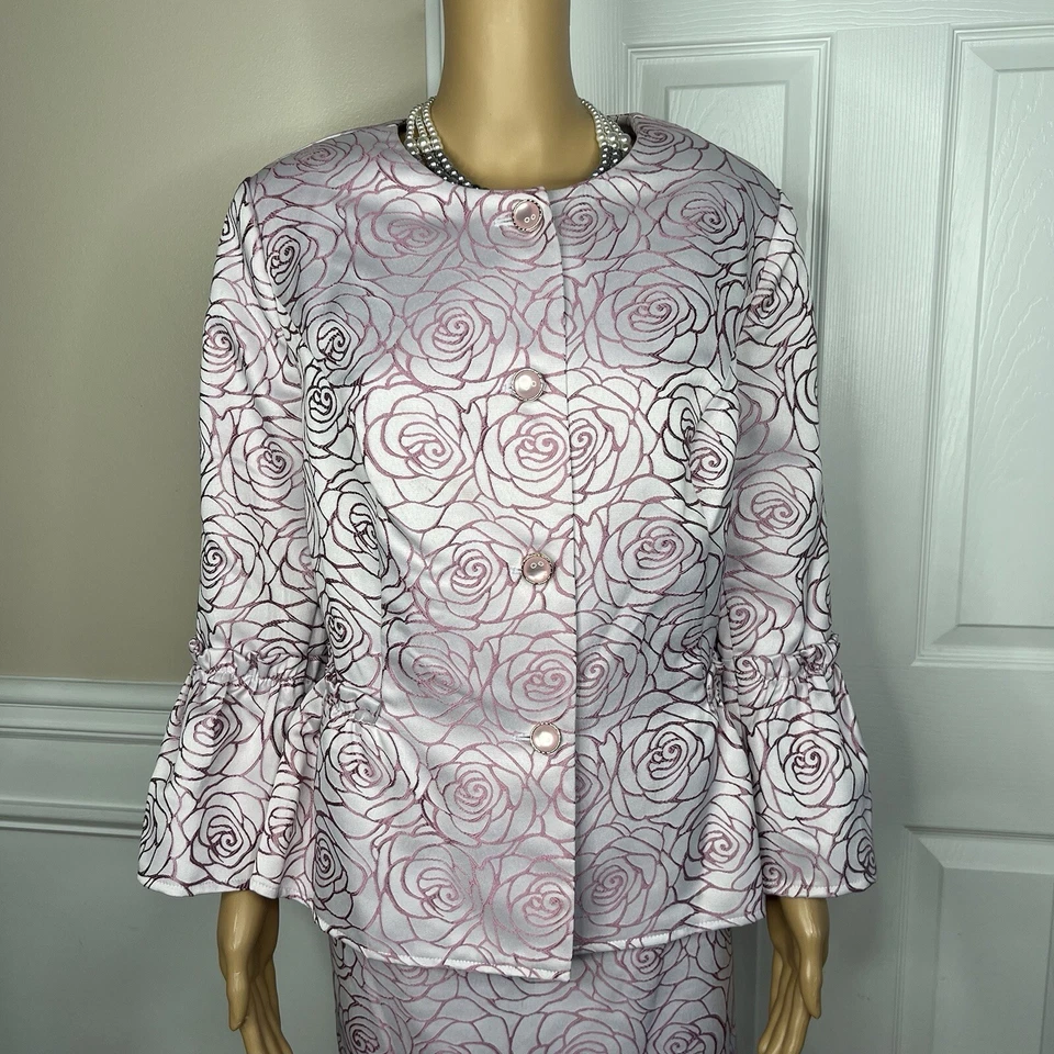 Traje Falda Poliéster ASHRO 16W Púrpura Claro Volantes Manga Campana Sin Cuello 2 Piezas Foto 3 de 4