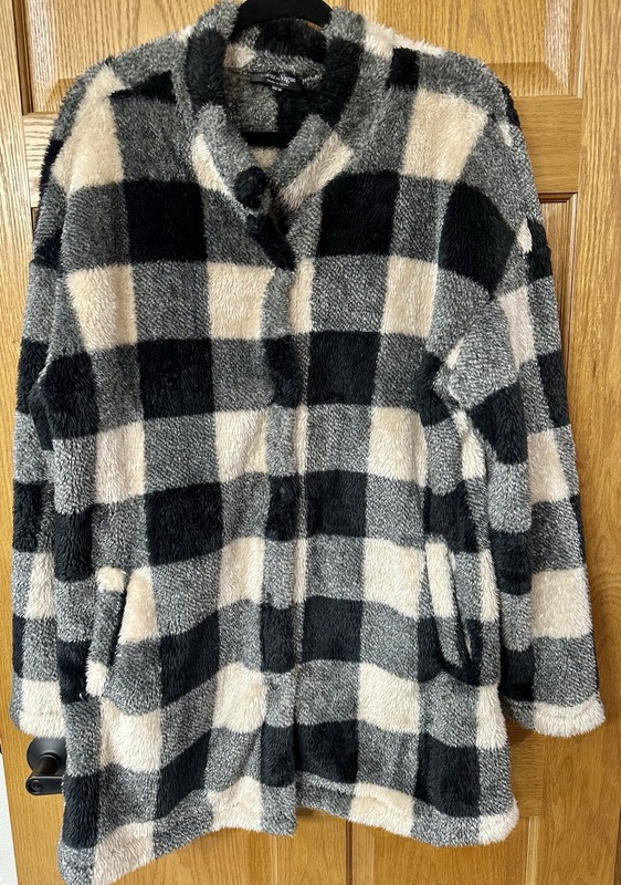 Women Sherpa Jacket Open Snap Front Fleece Plaid Shacket Soft Black & Cream XXL